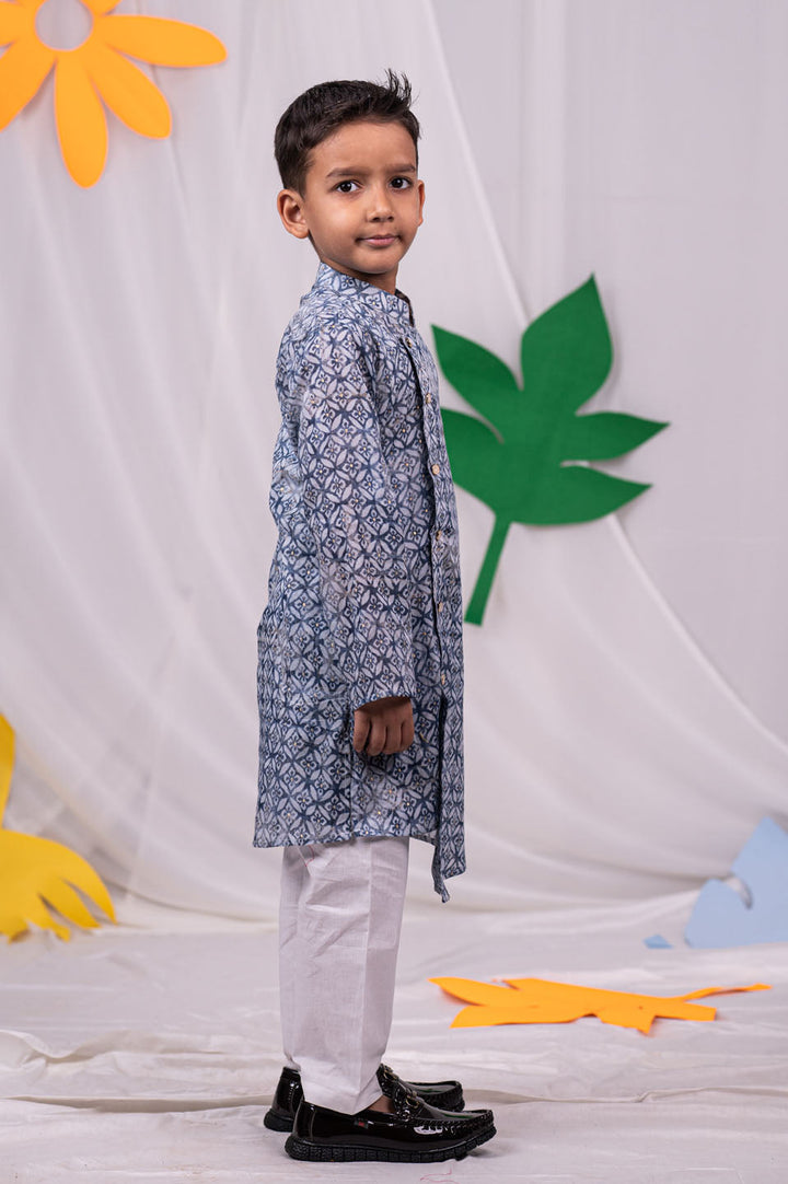 VASTRAMAY Boys' Grey Angrakha Printed Cotton Kurta Pyjama Set