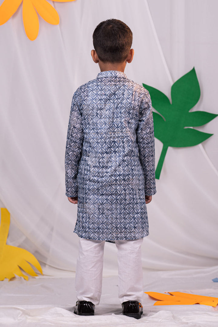 VASTRAMAY Boys' Grey Angrakha Printed Cotton Kurta Pyjama Set