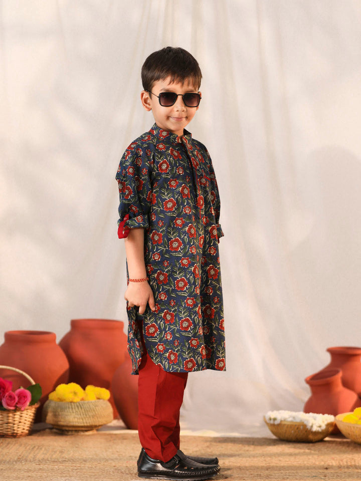 VASTRAMAY Boys' Navy Blue Kurta Pyjama Set