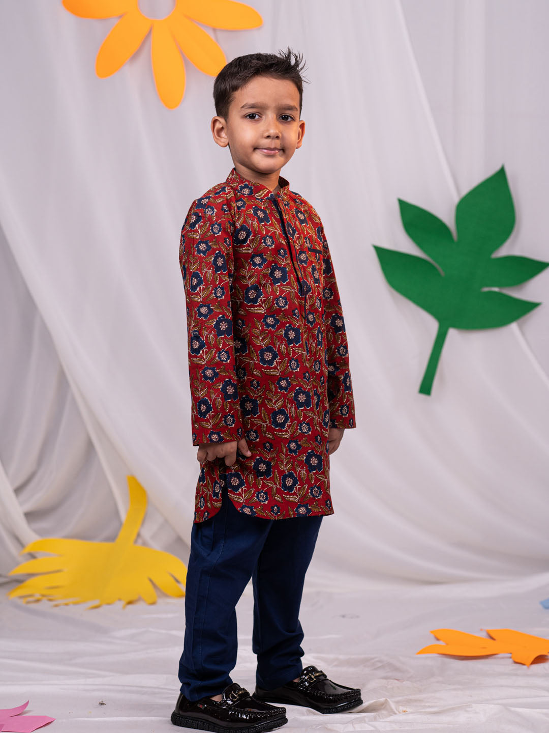 VASTRAMAY Boys' Rust Brown Floral Kurta Pyjama Set