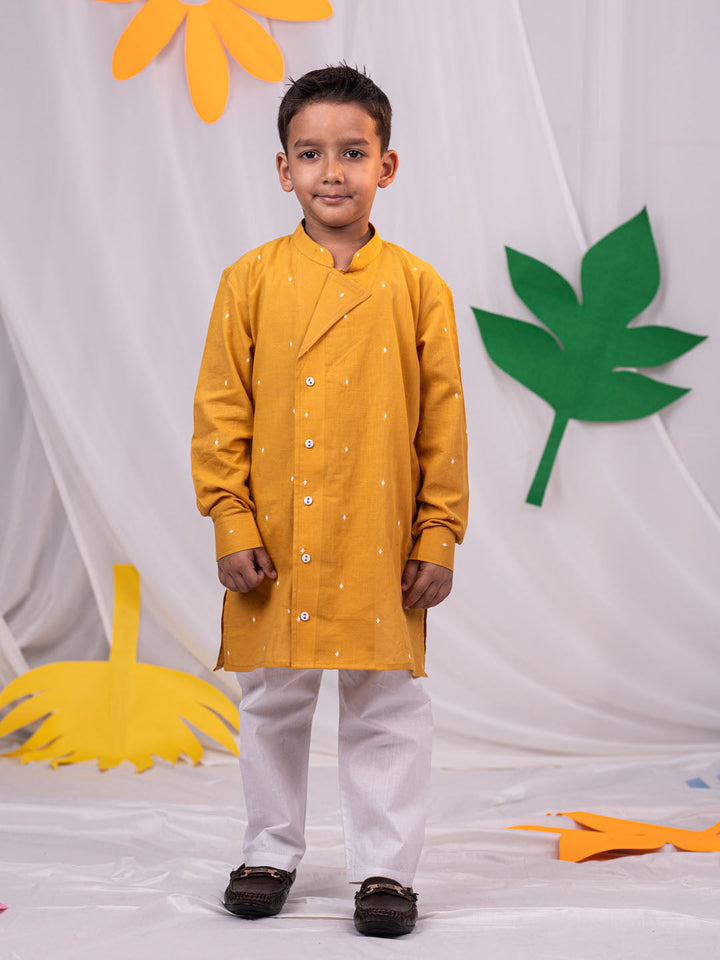 VASTRAMAY Boys' Mustard Self Design Kurta Pyjama Set