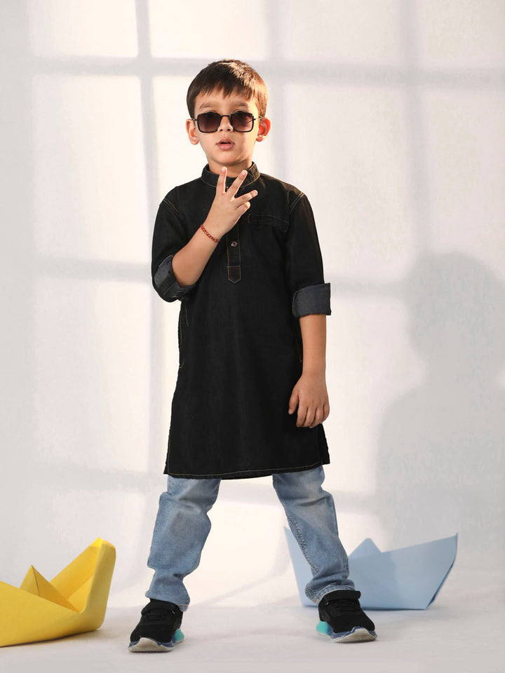 VASTRAMAY Boys' Black Denim Kurta