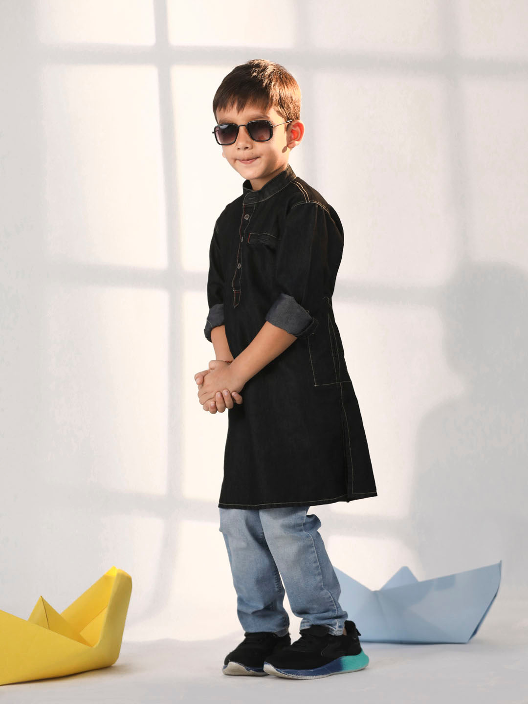 VASTRAMAY Boys' Black Denim Kurta