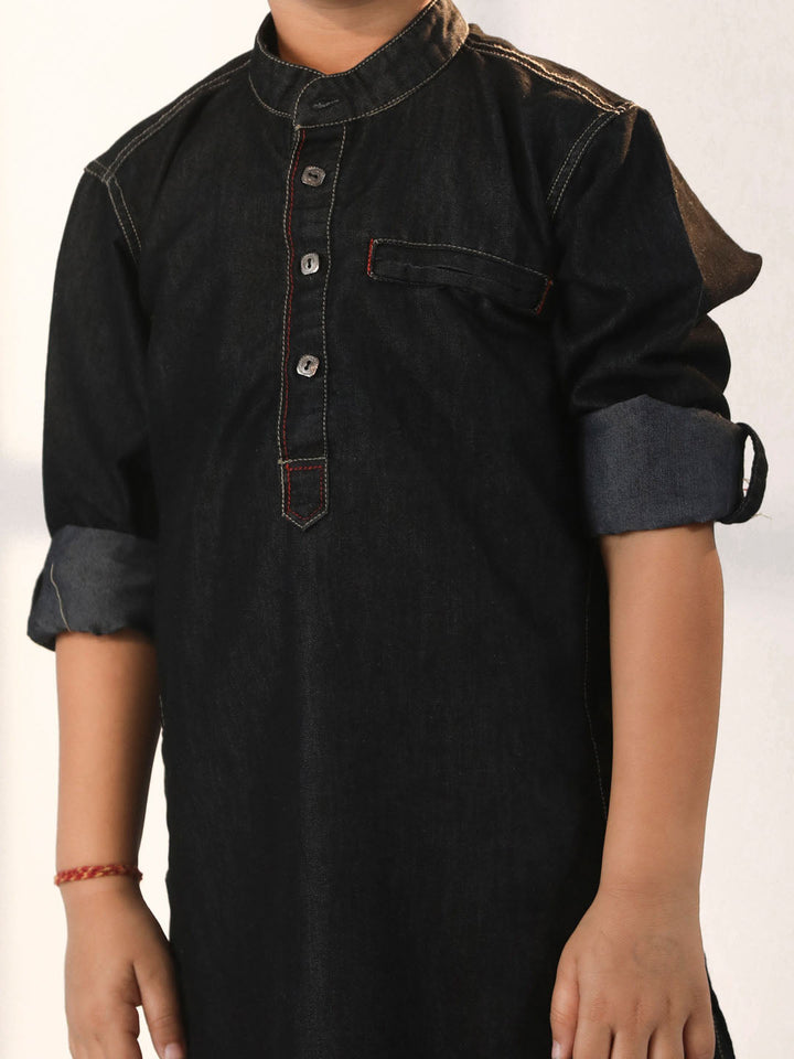 VASTRAMAY Boys' Black Denim Kurta