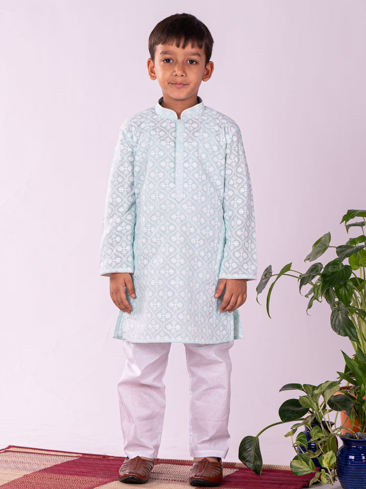 VASTRAMAY Boys' Green And White Kurta And Pyjama Set