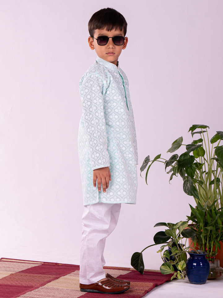 VASTRAMAY Boys' Green And White Kurta And Pyjama Set