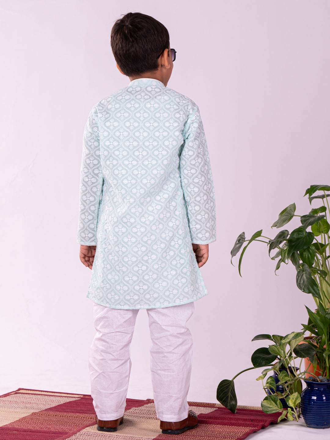 VASTRAMAY Boys' Green And White Kurta And Pyjama Set