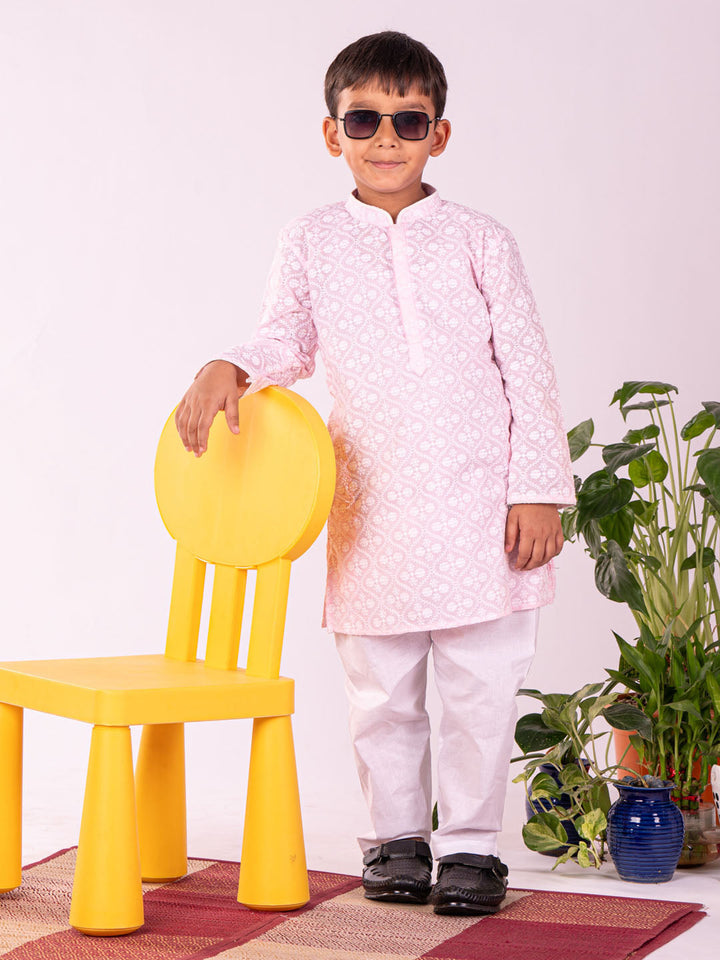 VASTRAMAY Boys' Pink And White Kurta And Pyjama Set