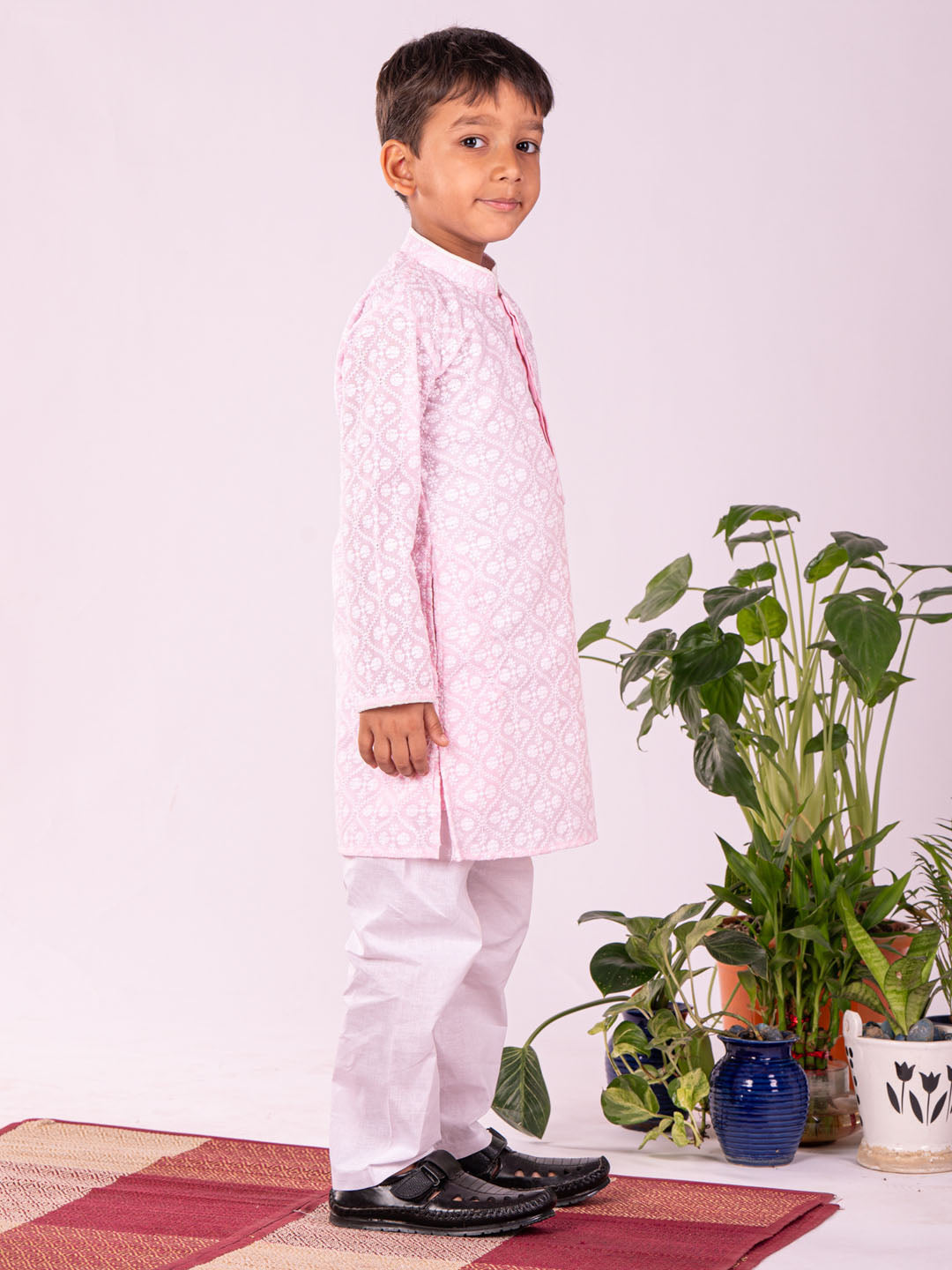 VASTRAMAY Boys' Pink And White Kurta And Pyjama Set