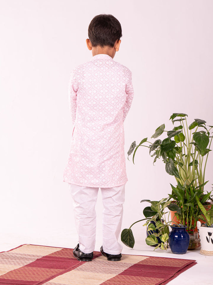 VASTRAMAY Boys' Pink And White Kurta And Pyjama Set