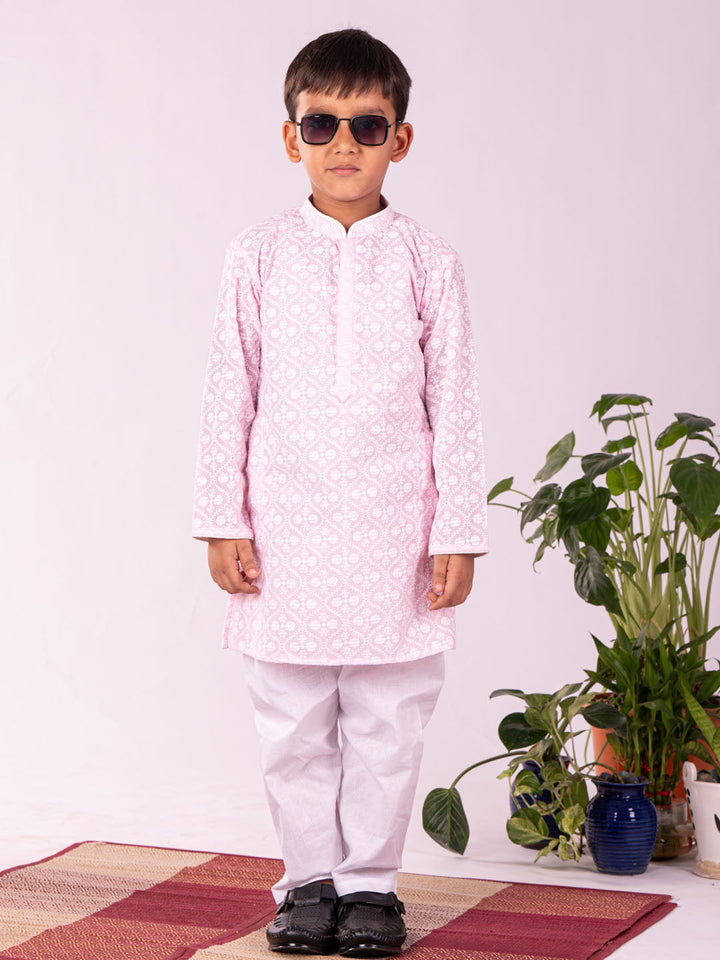 VASTRAMAY Boys' Pink And White Kurta And Pyjama Set