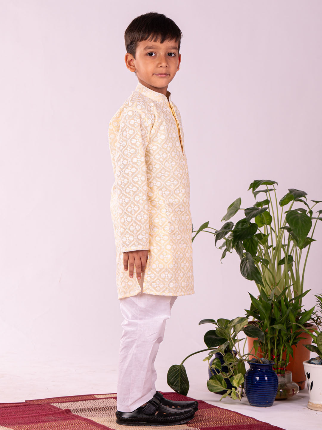 VASTRAMAY Boys' Yellow Chikankari Worked Cotton Kurta Pyjama Set