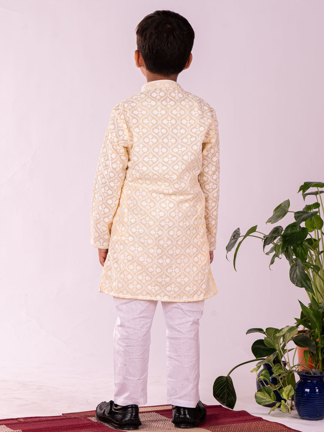 VASTRAMAY Boys' Yellow Chikankari Worked Cotton Kurta Pyjama Set