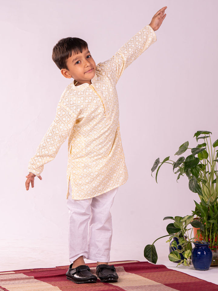 VASTRAMAY Boys' Yellow Chikankari Worked Cotton Kurta Pyjama Set