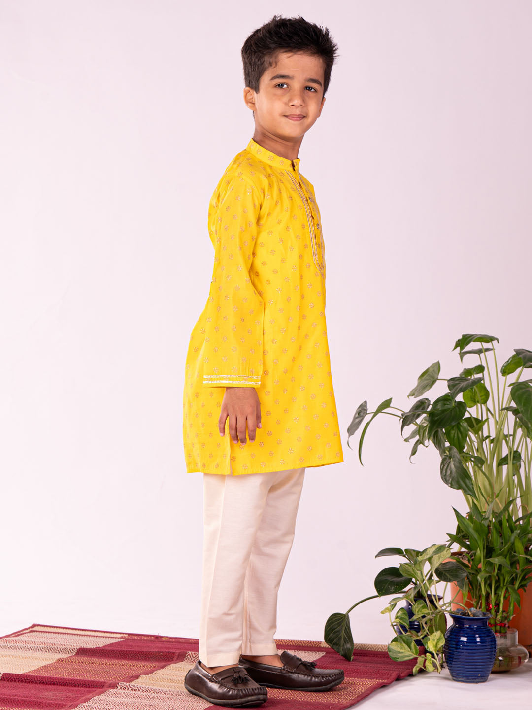 VASTRAMAY Boys' Yellow And Cream Kurta Pyjama Set