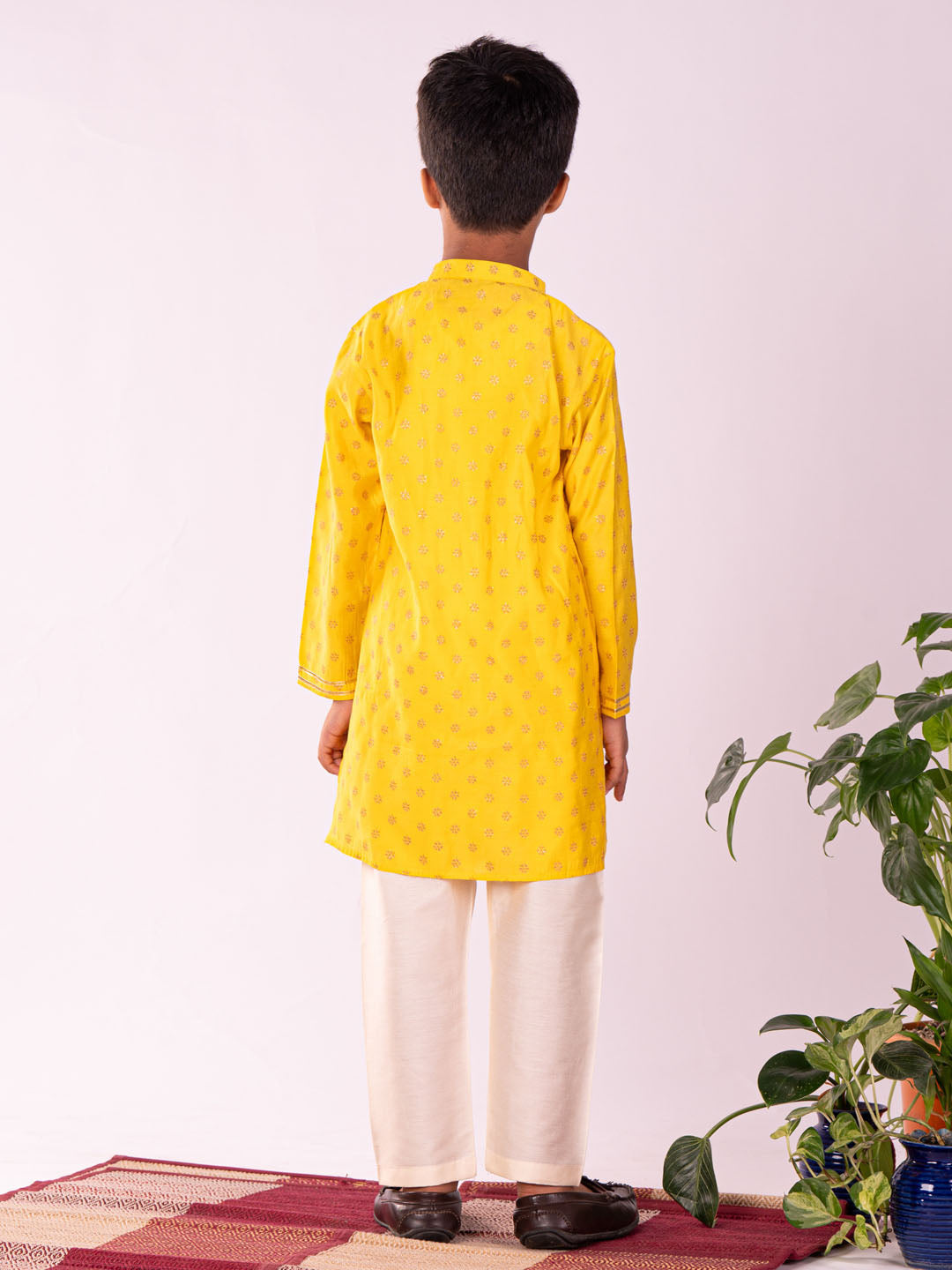 VASTRAMAY Boys' Yellow And Cream Kurta Pyjama Set