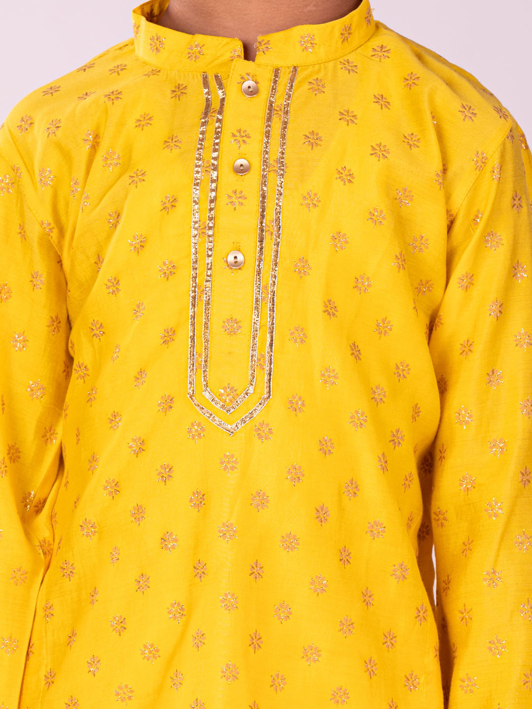 VASTRAMAY Boys' Yellow And Cream Kurta Pyjama Set