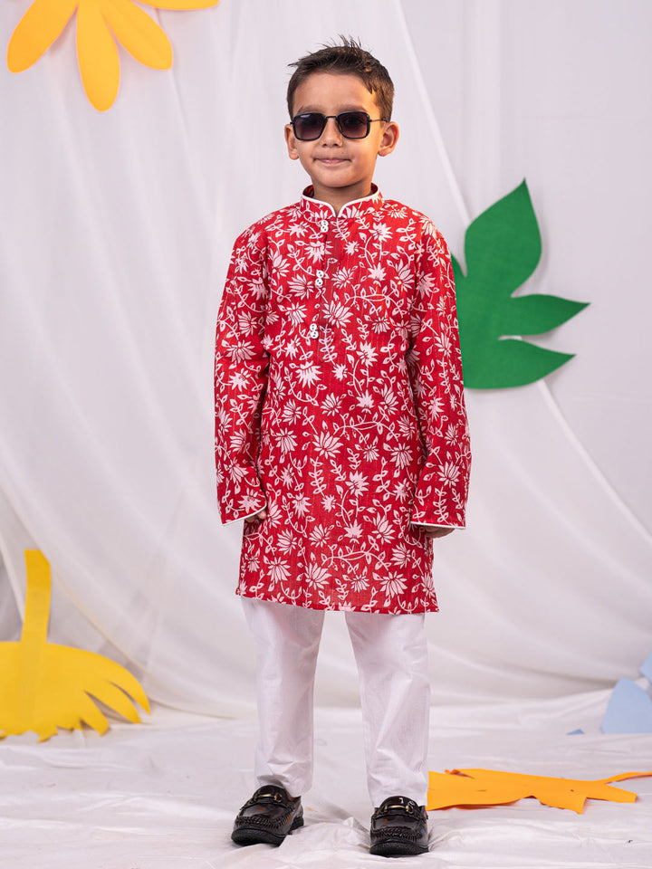 VASTRAMAY Boys' Red And White Kurta And Pyjama Set