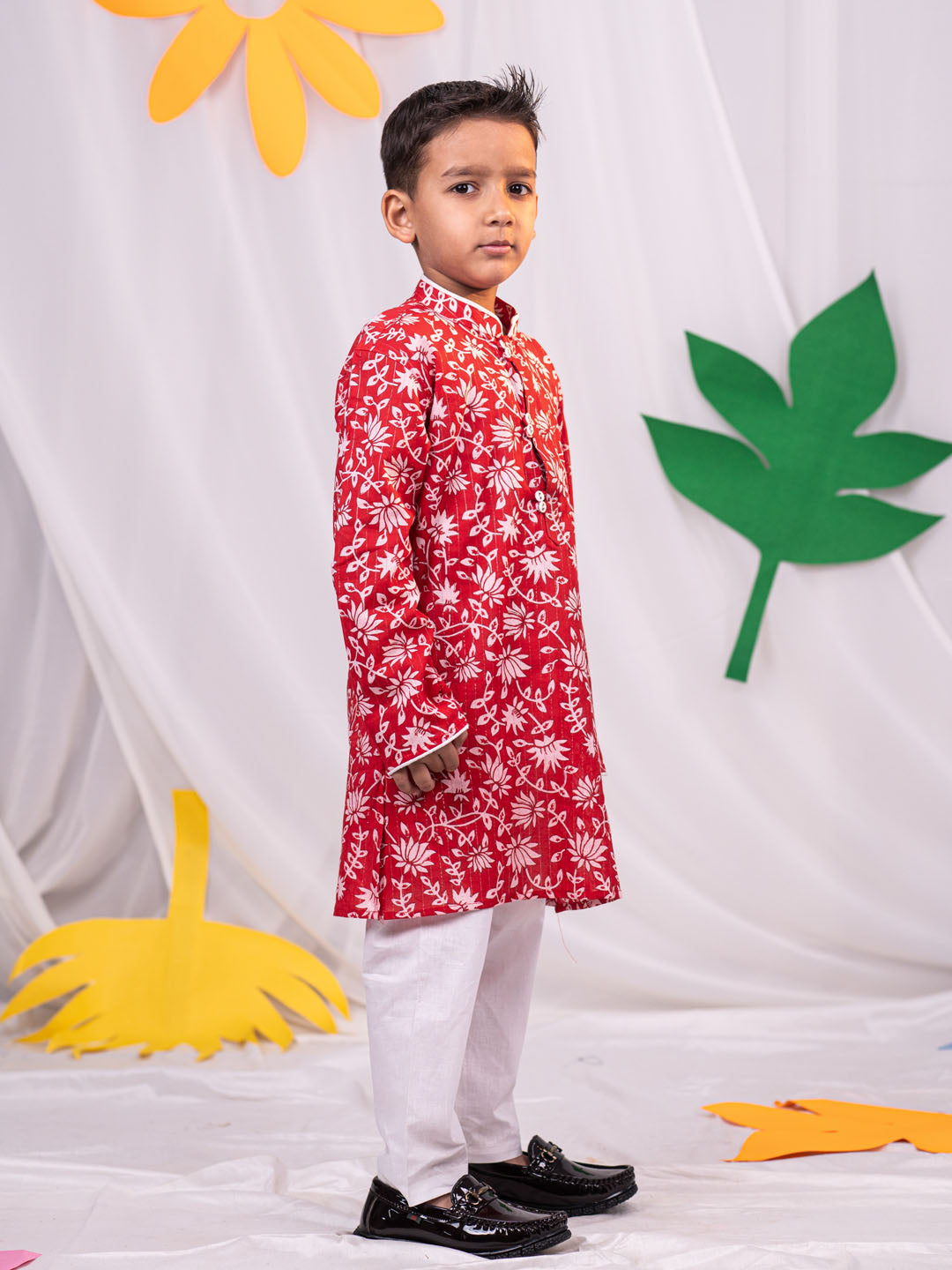 VASTRAMAY Boys' Red And White Kurta And Pyjama Set