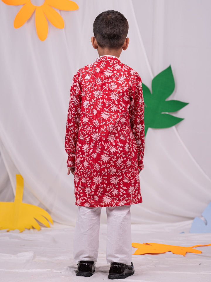 VASTRAMAY Boys' Red And White Kurta And Pyjama Set