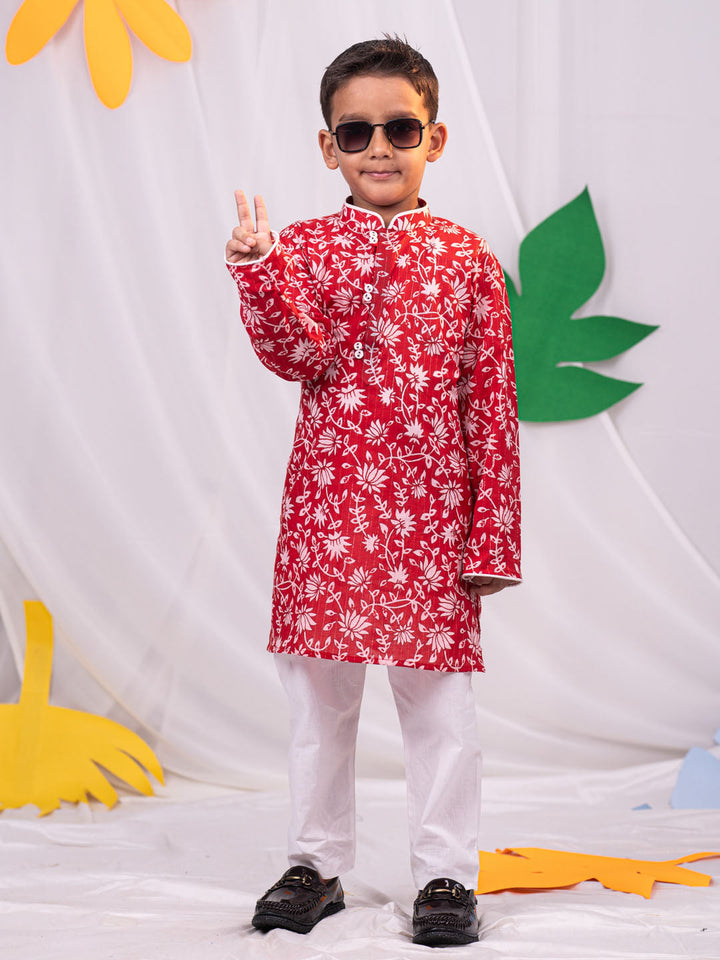 VASTRAMAY Boys' Red And White Kurta And Pyjama Set