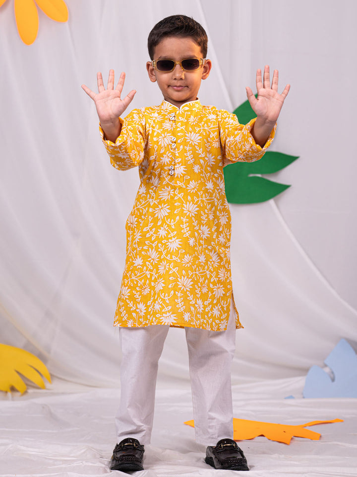 VASTRAMAY Boys' Yellow And White Kurta And Pyjama Set