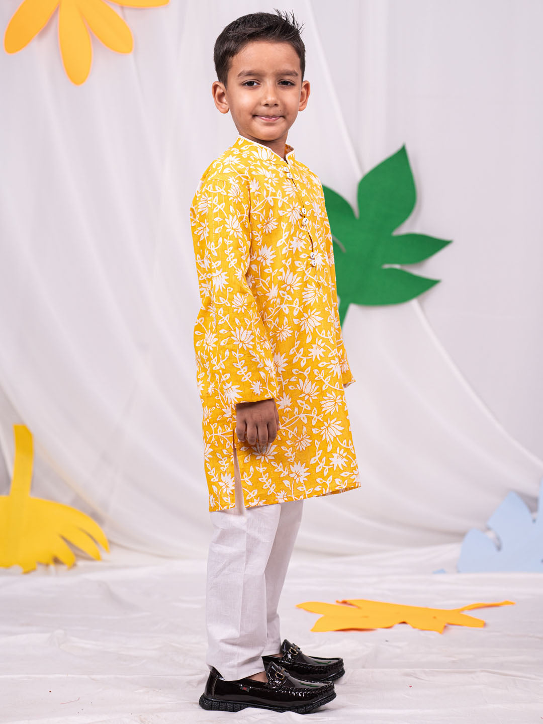 VASTRAMAY Boys' Yellow And White Kurta And Pyjama Set