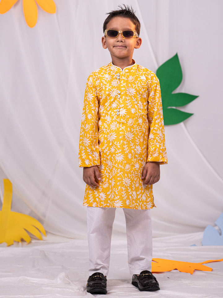 VASTRAMAY Boys' Yellow And White Kurta And Pyjama Set