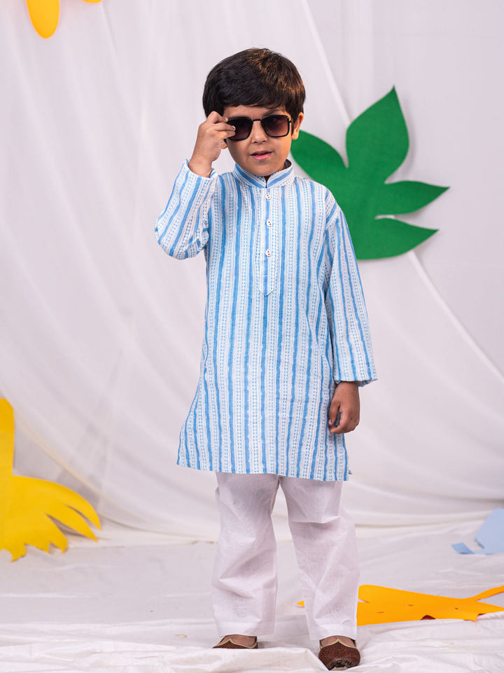 VASTRAMAY Boys' Blue And White Kurta and Pyjama Set