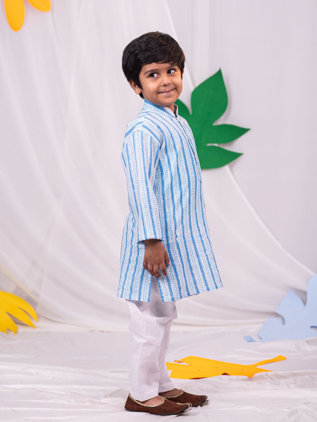 VASTRAMAY Boys' Blue And White Kurta and Pyjama Set