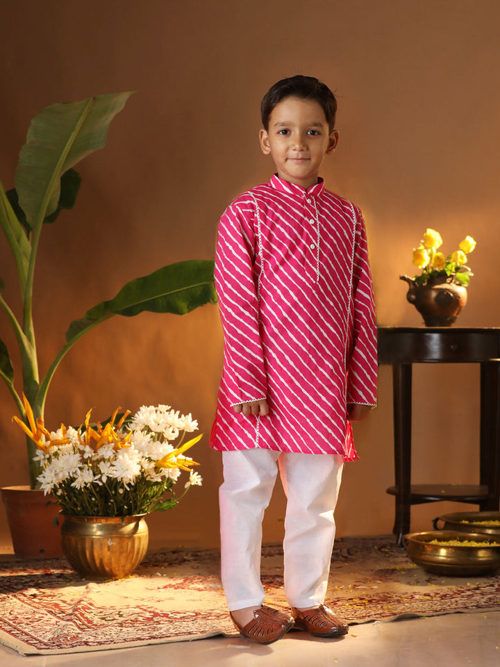 Vastramay Infant Boys' Pink And White Cotton Kurta and Pyjama Set