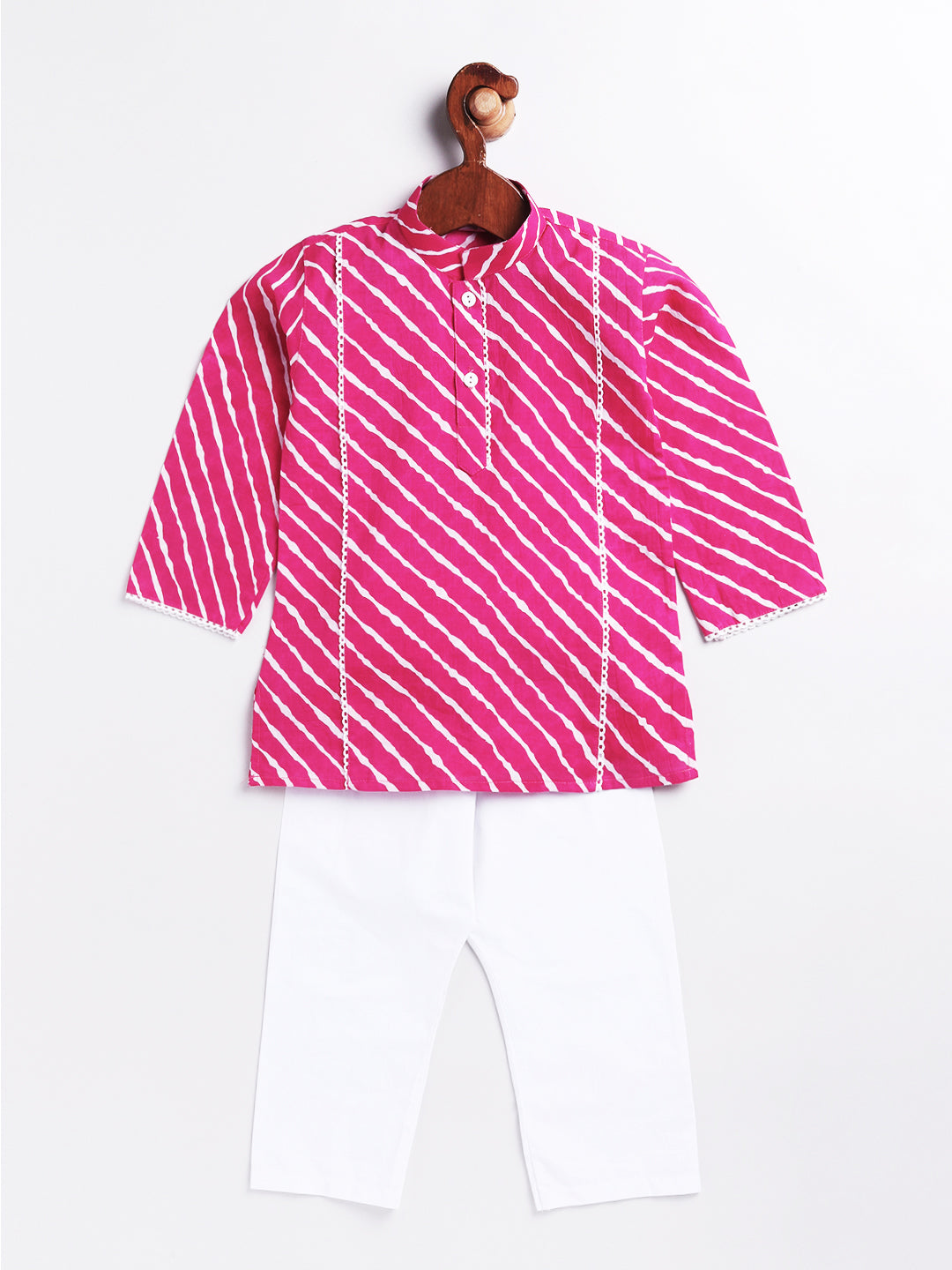 Vastramay Infant Boys' Pink And White Cotton Kurta and Pyjama Set