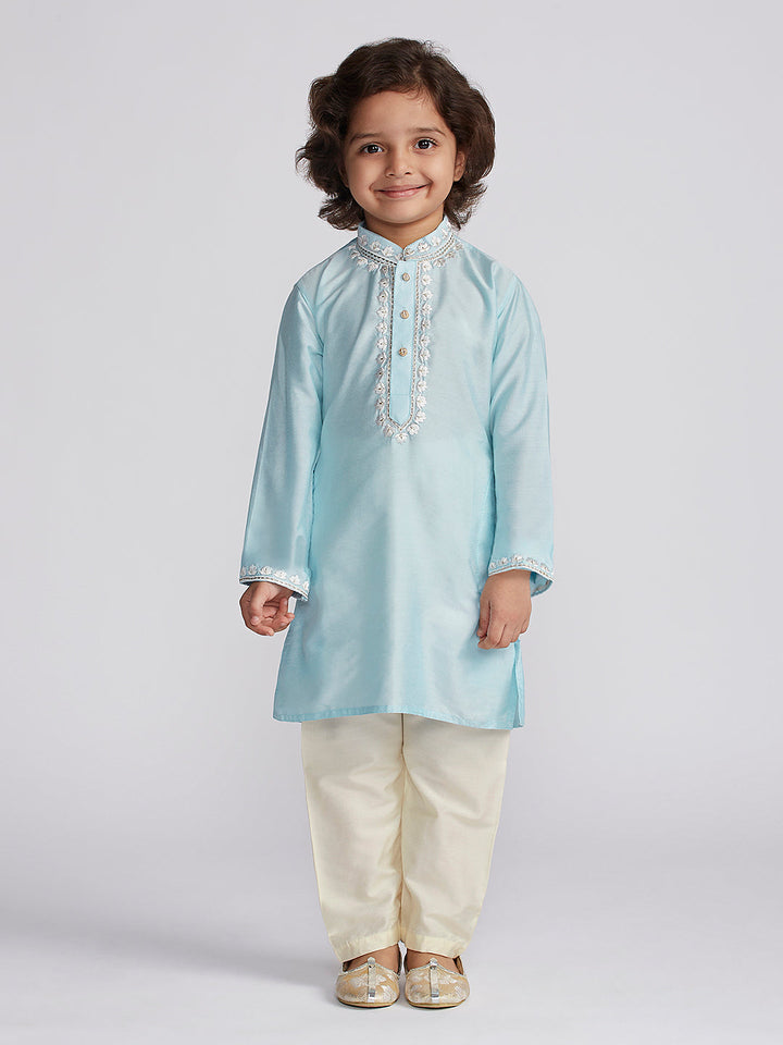 VASTRAMAY Boys' Aqua And Cream Kurta And Pyjama Set