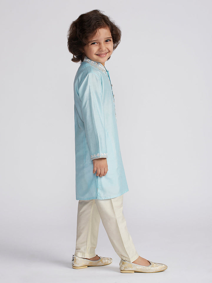 VASTRAMAY Boys' Aqua And Cream Kurta And Pyjama Set