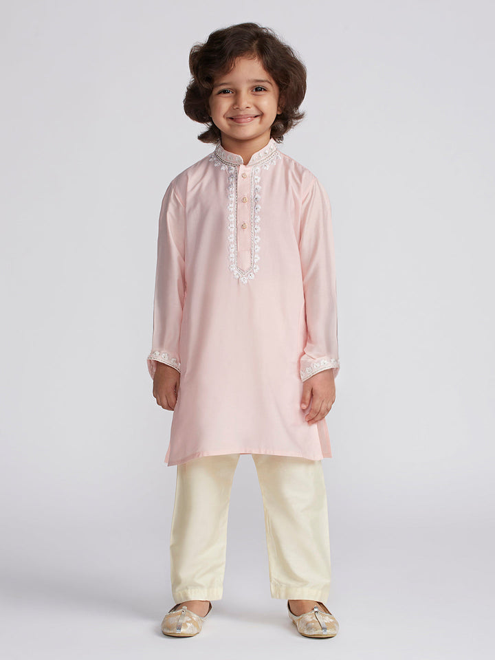 VASTRAMAY Boys' Pink And Cream Kurta And Pyjama Set