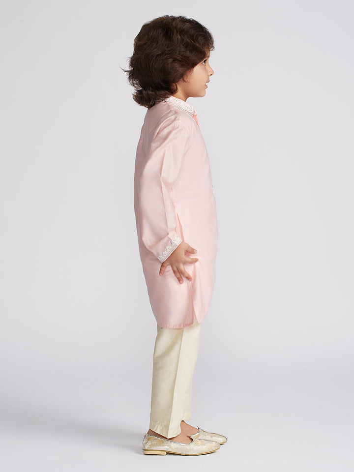 VASTRAMAY Boys' Pink And Cream Kurta And Pyjama Set