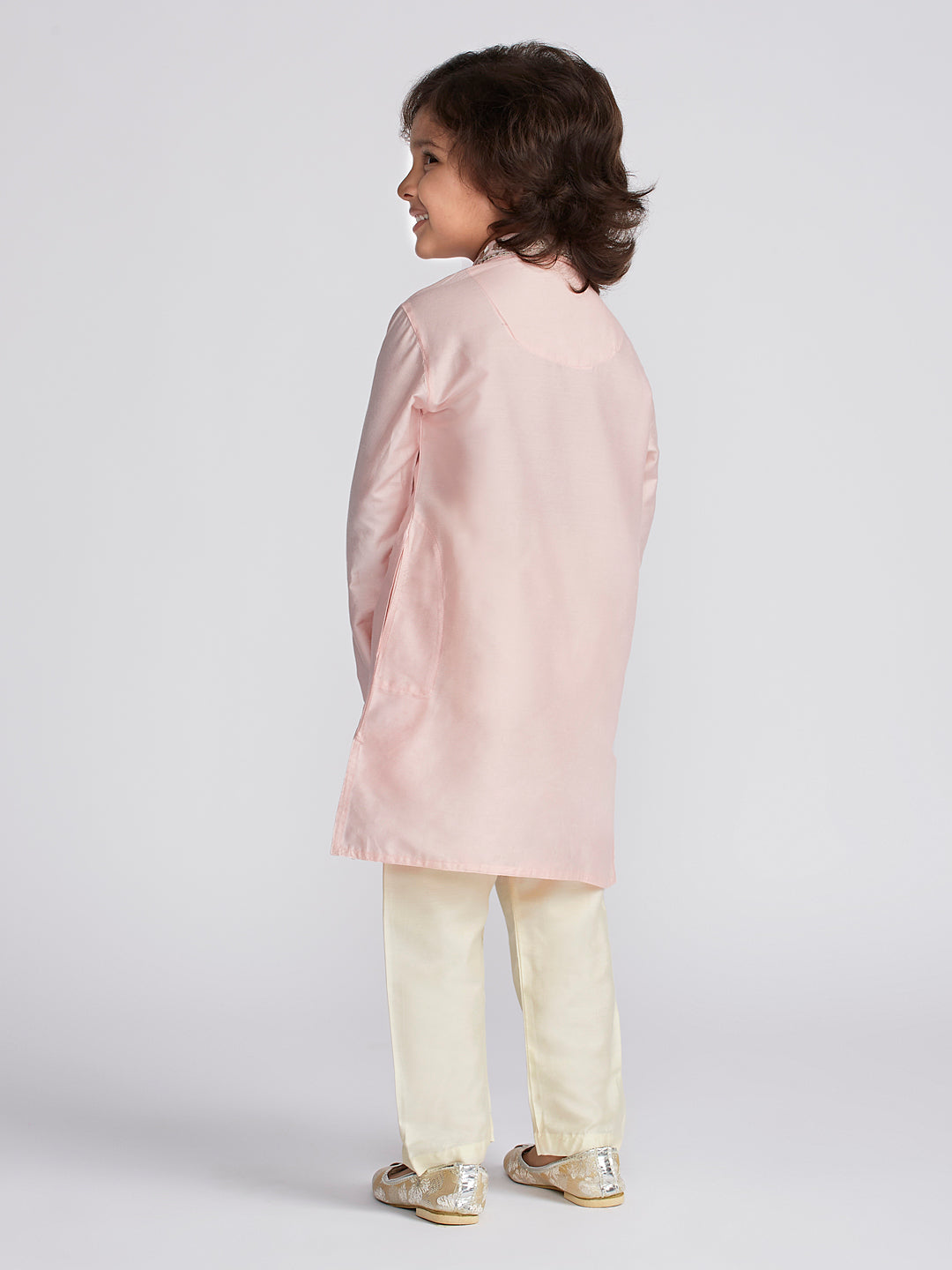 VASTRAMAY Boys' Pink And Cream Kurta And Pyjama Set