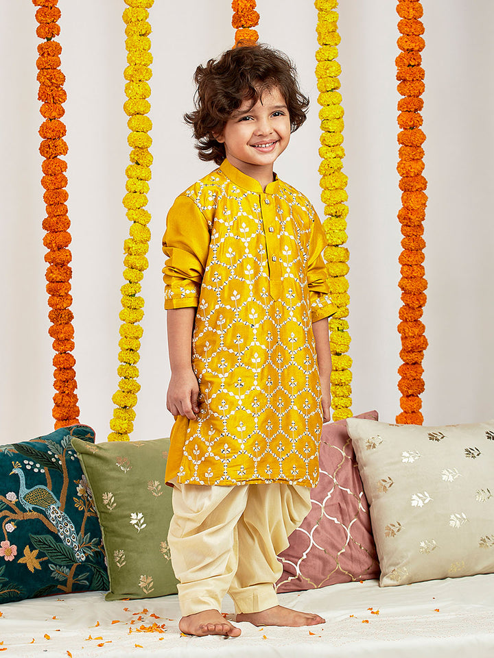 VASTRAMAY Boys' Mustard Kurta And Patiala Set