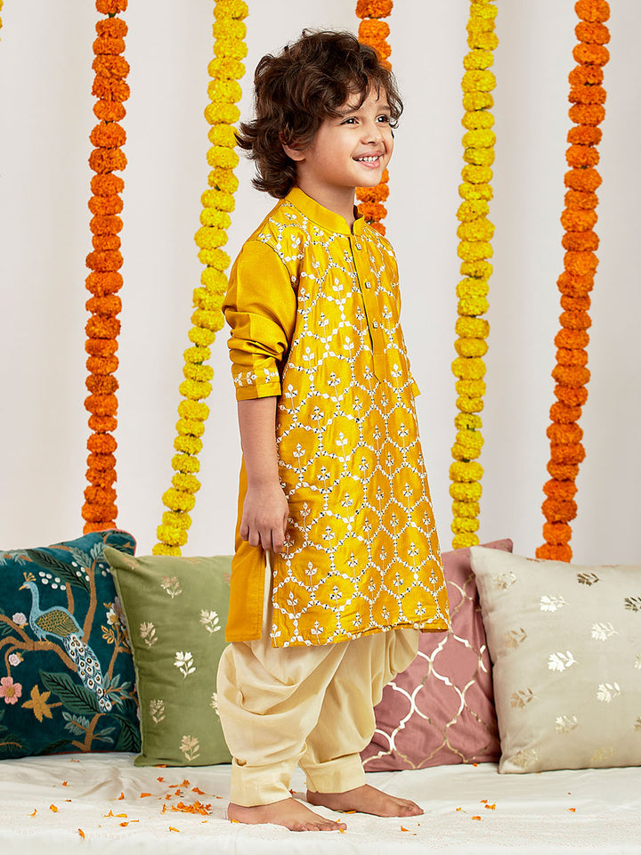 VASTRAMAY Boys' Mustard Kurta And Patiala Set