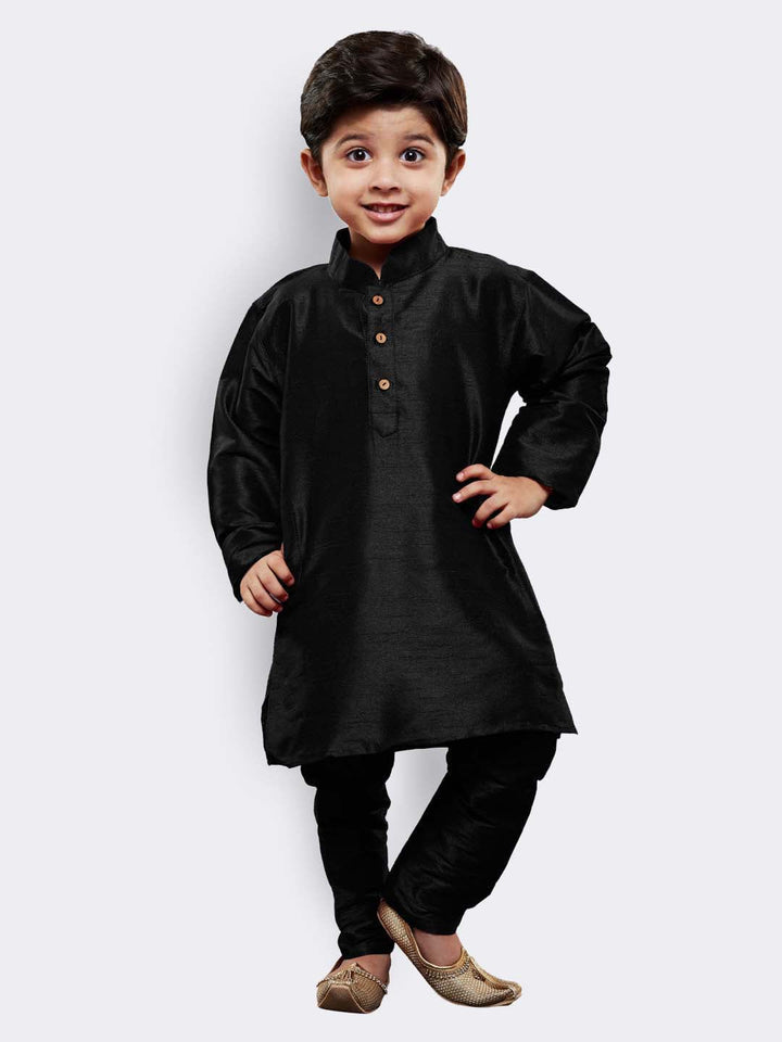 VASTRAMAY Boys' Black Cotton Silk Kurta and Pyjama Set