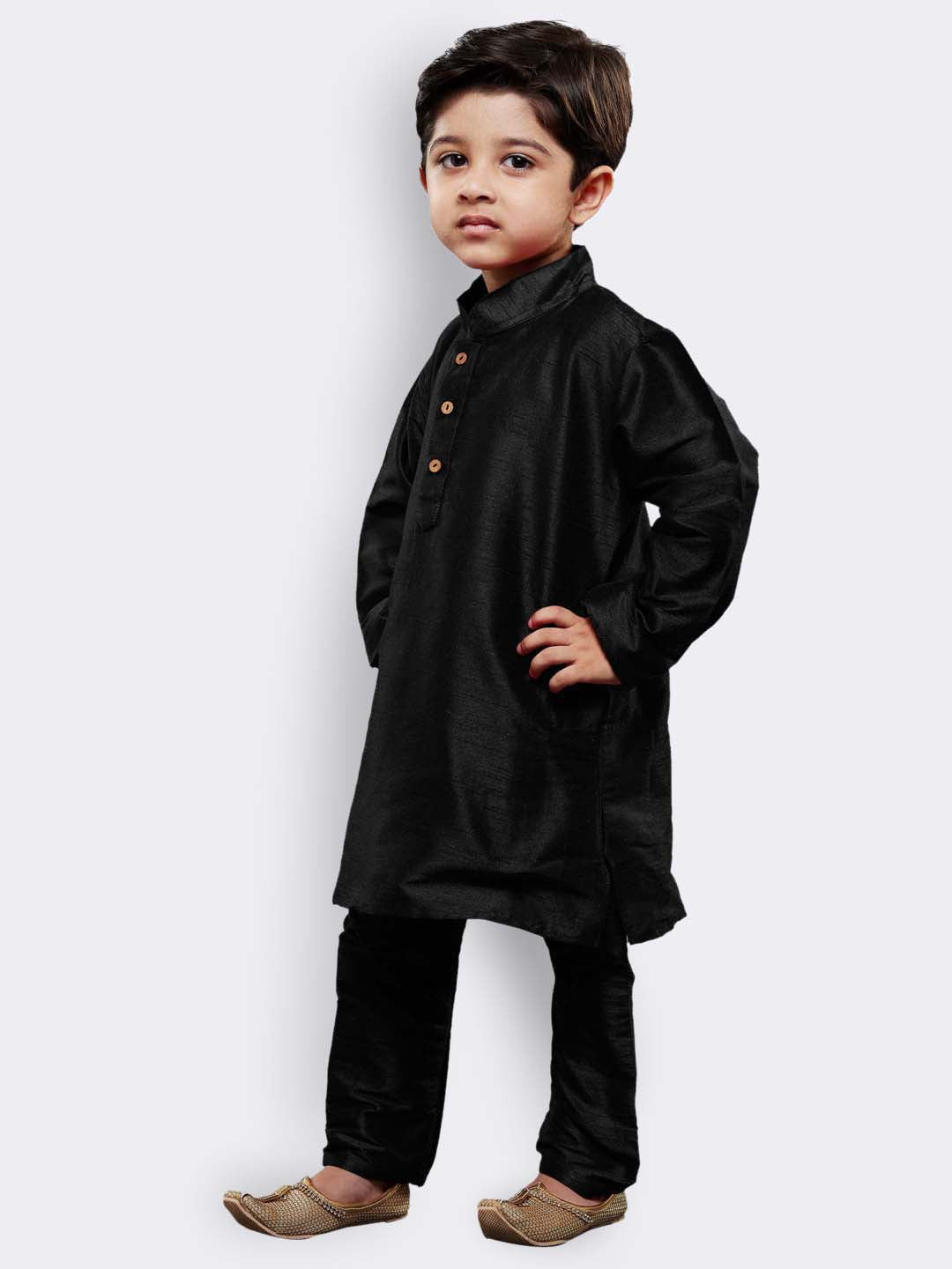 VASTRAMAY Boys' Black Cotton Silk Kurta and Pyjama Set