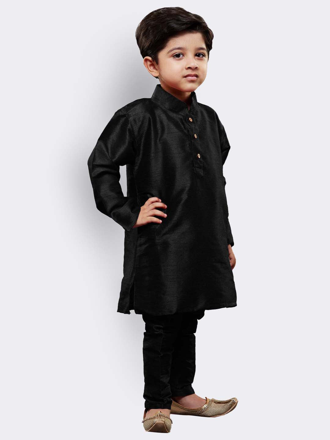 VASTRAMAY Boys' Black Cotton Silk Kurta and Pyjama Set