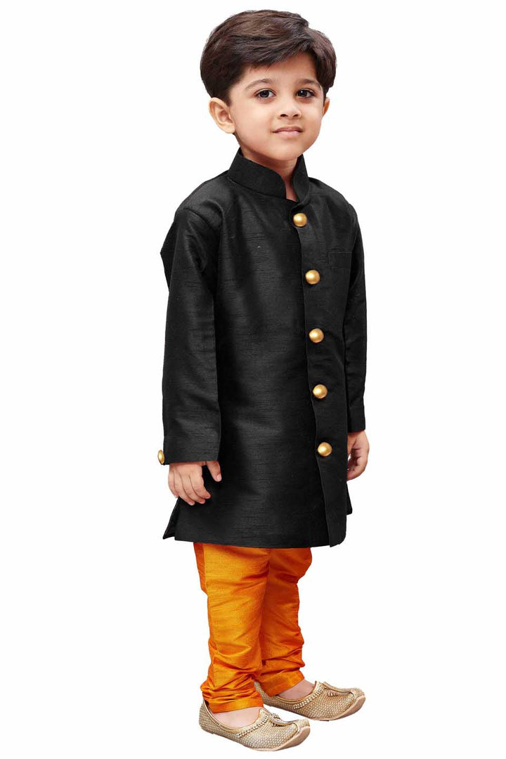 VASTRAMAY Boys' Black Silk Blend Sherwani