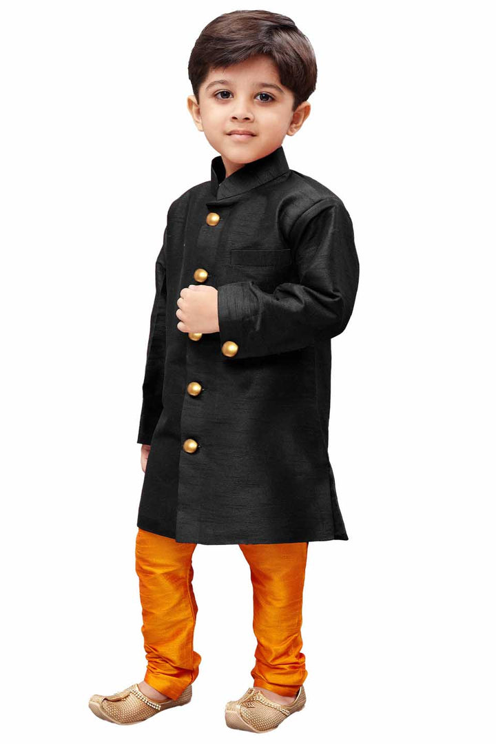 VASTRAMAY Boys' Black Silk Blend Sherwani