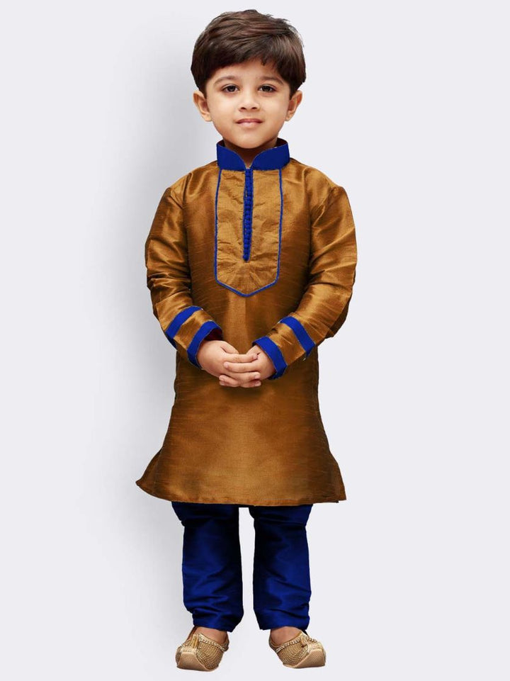 Vastramay Boys' Brown Cotton Silk Kurta and Pyjama Set