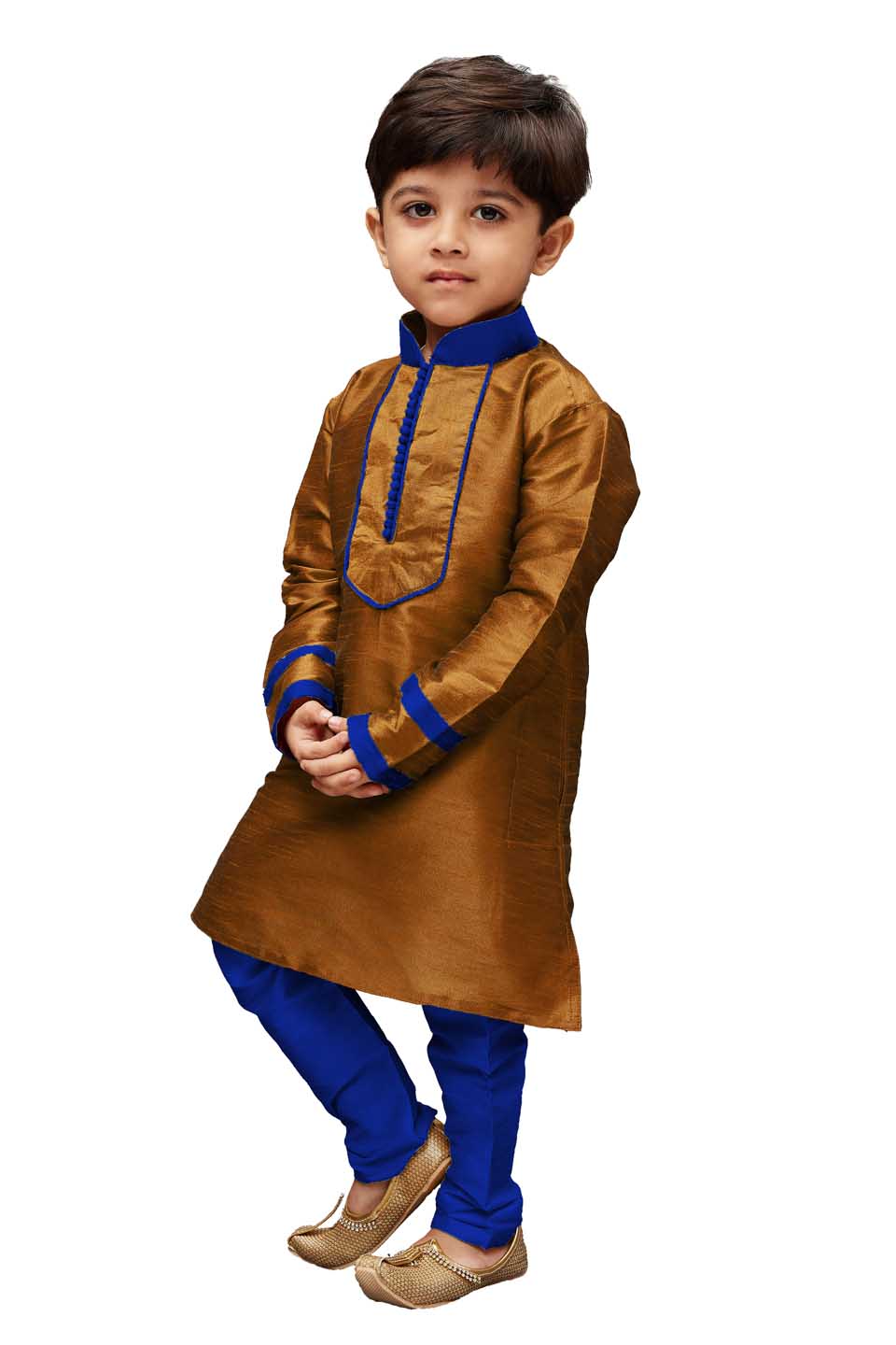 Vastramay Boys' Brown Cotton Silk Kurta and Pyjama Set