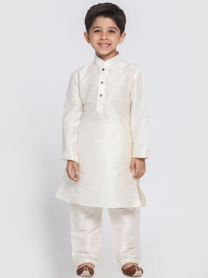 VASTRAMAY Boys' Cream Cotton Silk Blend Kurta and Pyjama Set