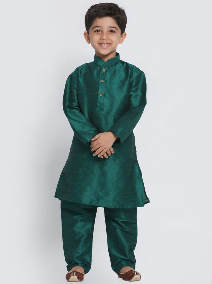 VASTRAMAY Boys' Green Cotton Silk Blend Kurta and Pyjama Set