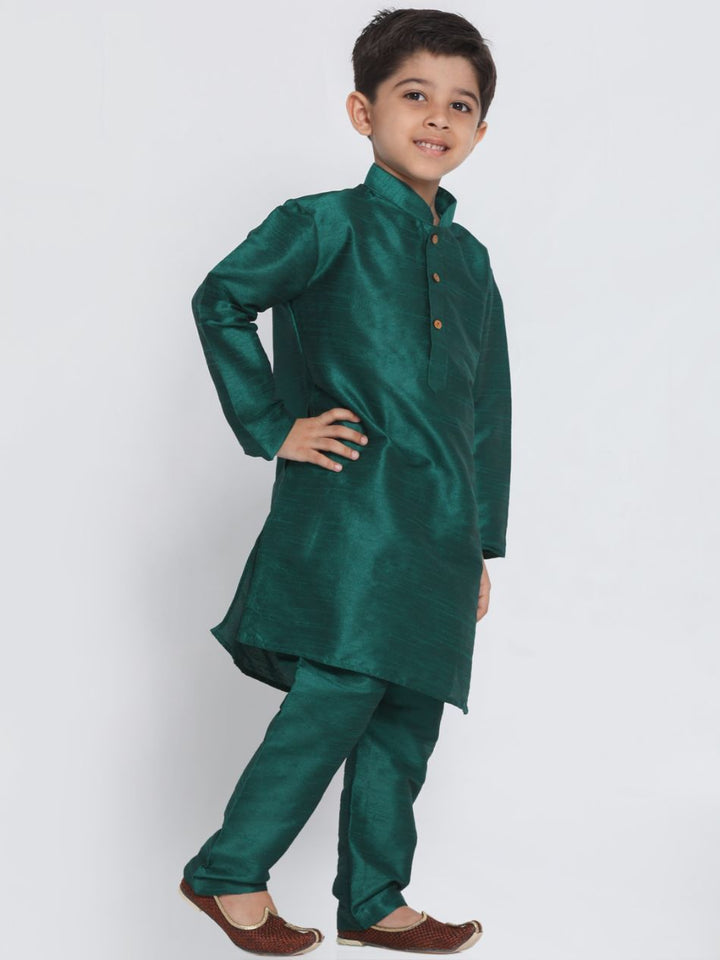 VASTRAMAY Boys' Green Cotton Silk Blend Kurta and Pyjama Set