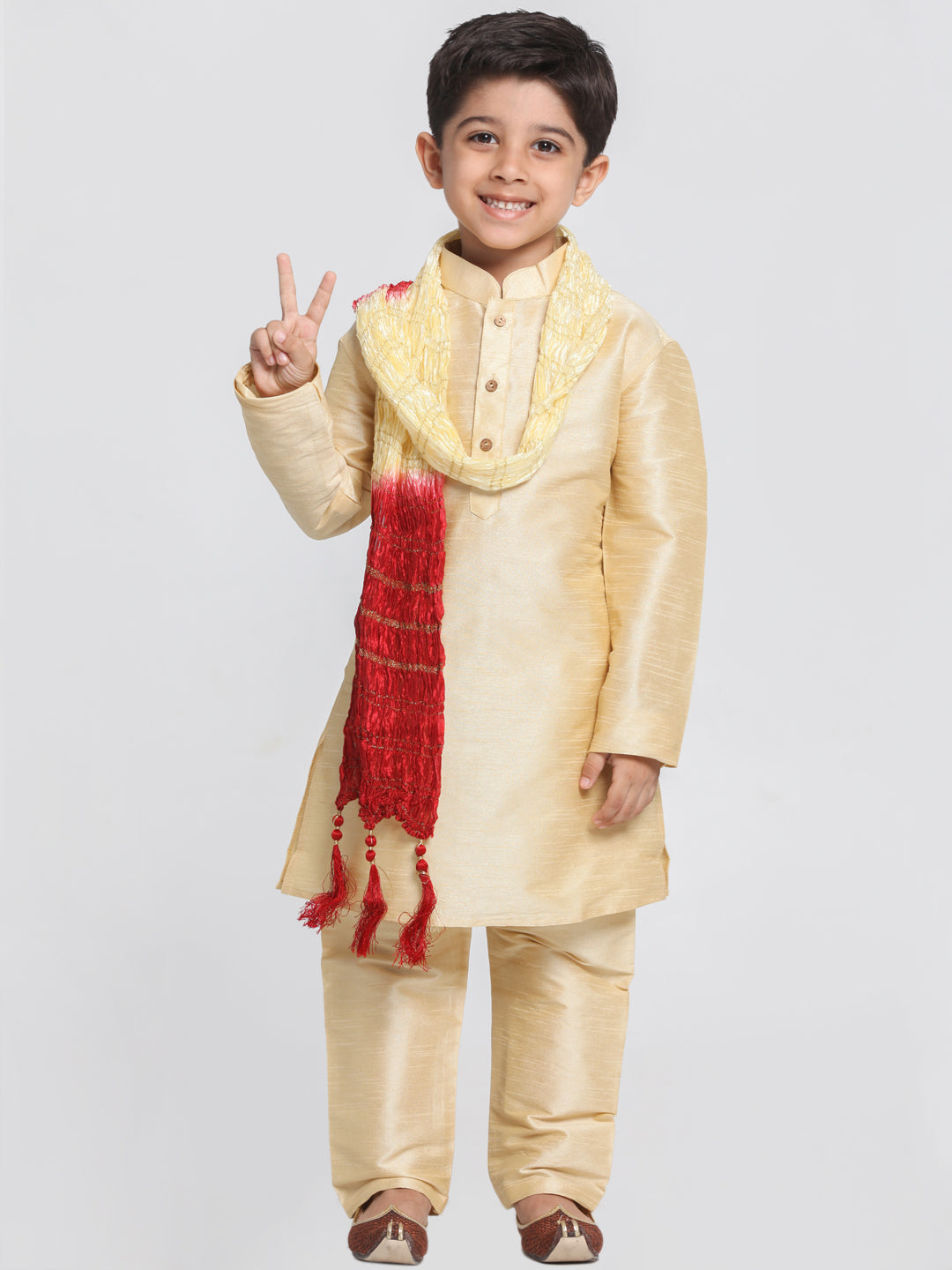 Vastramay Silk Blend Gold Baap Beta Kurta Pyjama And Dupatta Set